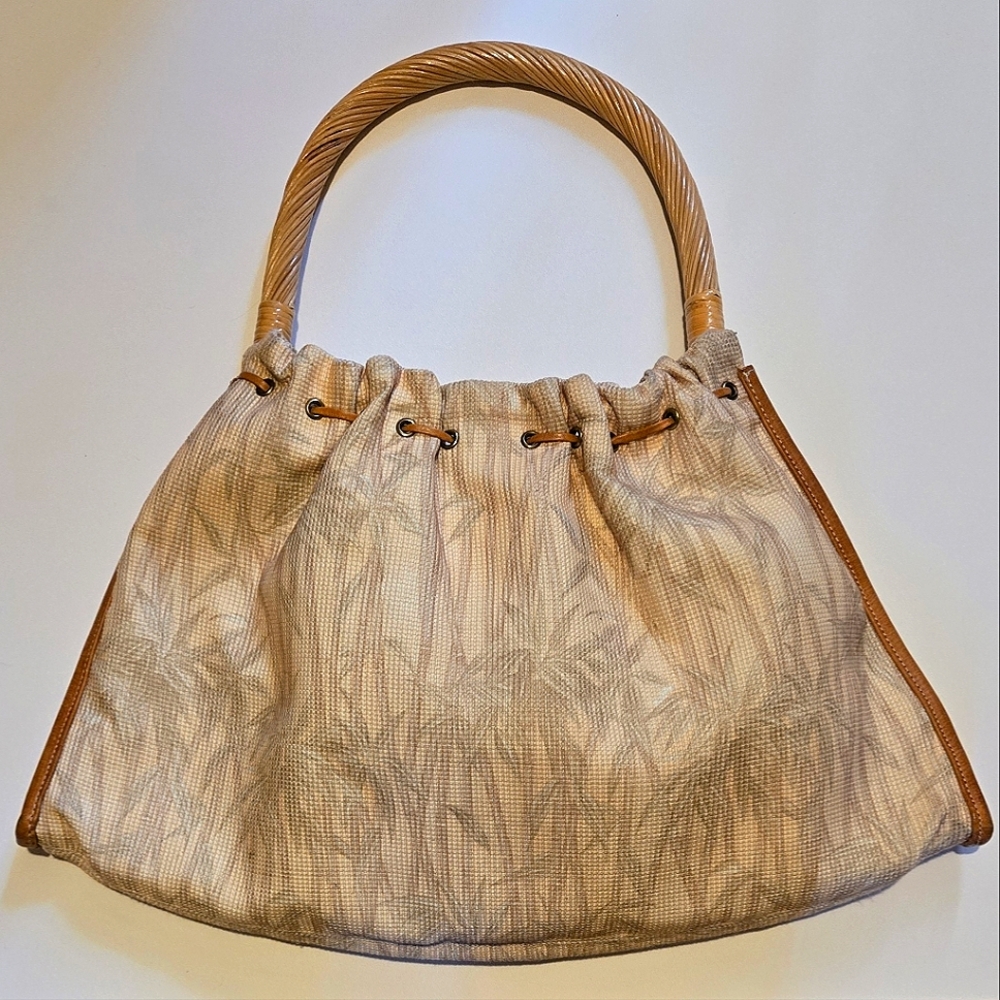 Tommy Bahama summer beach bag handbag 4 pocket purse palm trees wood handle tote